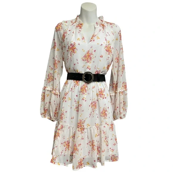 Vince Camuto | Dresses | Nwt Vince Camuto Vneck White Floral Tiered Ruffle Flowy  Chiffon Mini Dress | Poshmark